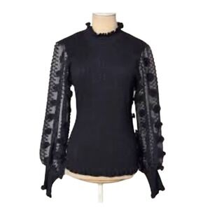 ALMOST FAMOUS Womens M Ribbed Knit Sweater Top Sheer Floral Gigot-Sleeve